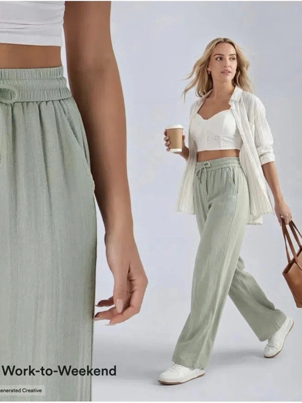 Halara Sage color High Waisted Drawstring Pocket Wide Leg Casual Linen Pant NWT
